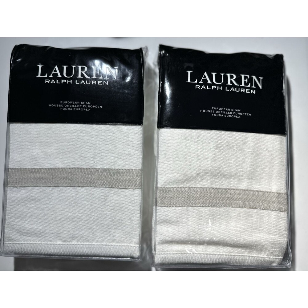 (2) Ralph Lauren CAROLYNE FRAME OFF WHITE GRAY LINEN Euro Shams 26x26 NEW